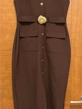 Classic Brown Button-Front Pencil Skirt with Gold Accent
